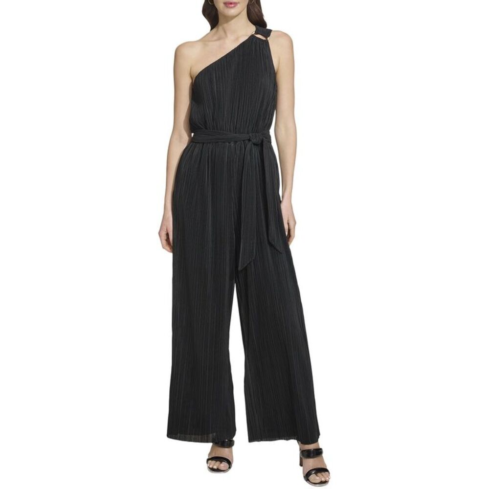 Dkny Womens One Shoulder Plisse Jumpsuit, Black